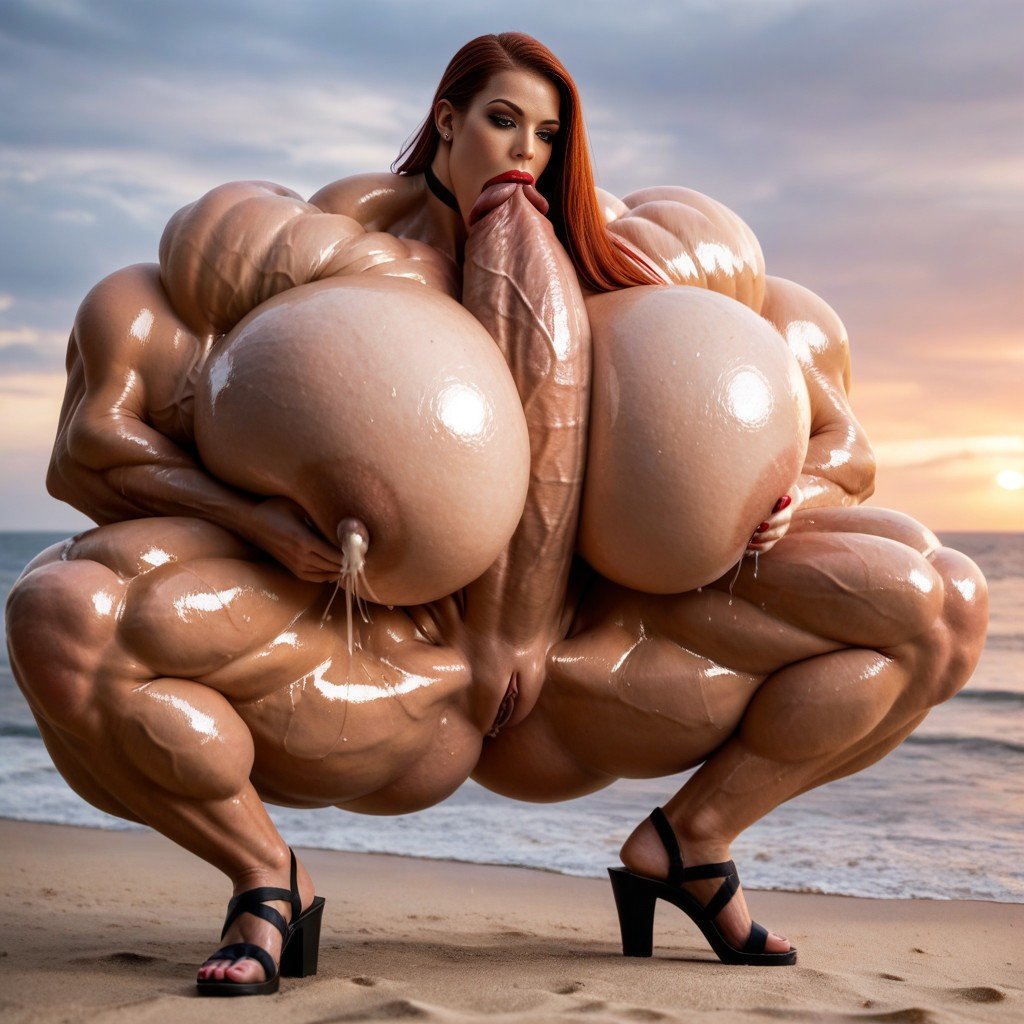 Ultra Saggy Full Heavy Fake Tits, Extremely Wide Thigh Gap, Excessive Muscle & StriationAIポルノ