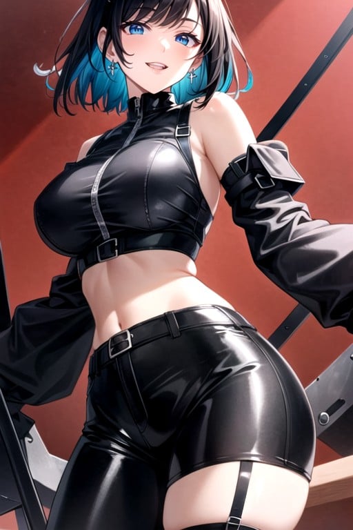 Bob Haircut With Blunt Bangs, Bdsm Inspired Vibe, High Waisted Black Latex ShortsPorno AI