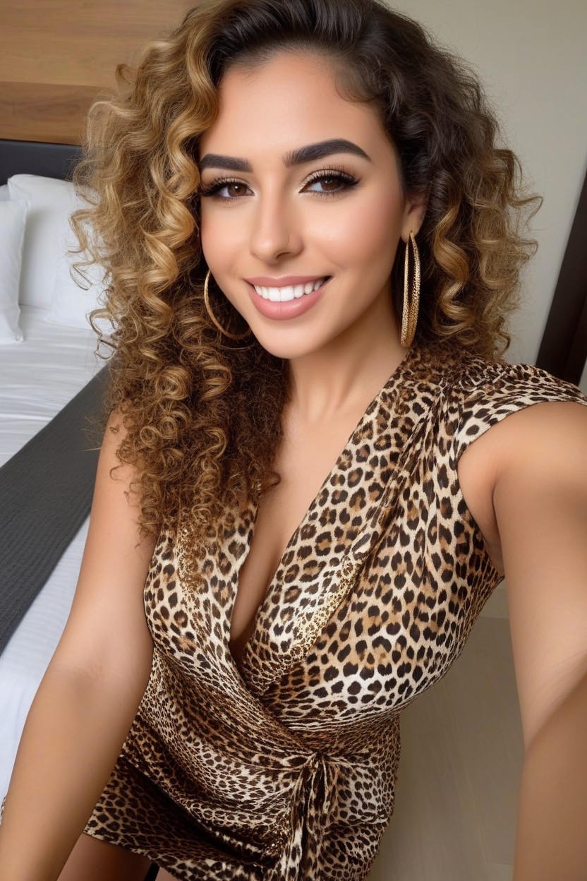 Leopard Dress Gold Earrings And Jewelry Brown Arab Woman Holding Phone, Selfie, RizadoPorno AI