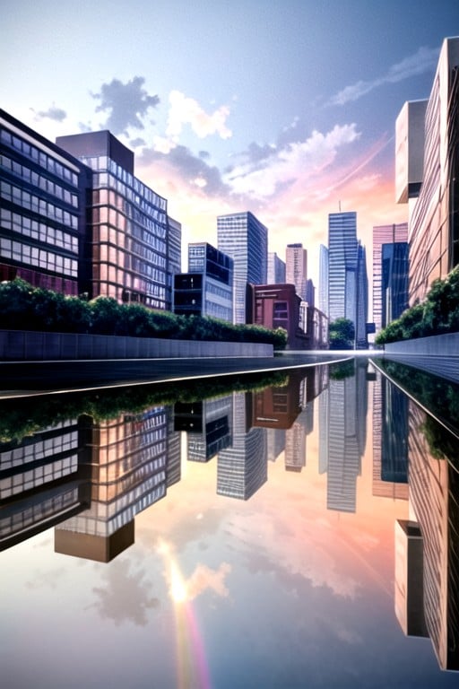 A Building Reflected In A Puddle, Reflection, Modern City Skyline Hentai IA pornografia