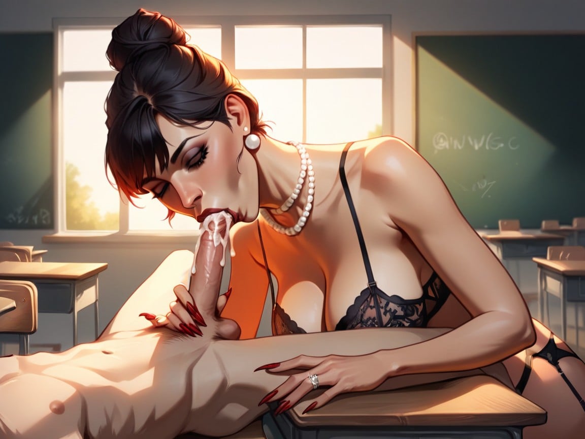 Tall Woman Makes Him Cum, Pearl Necklace, Classroom Pornografia de IA