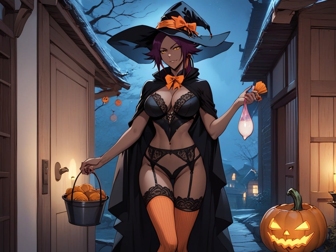 Garter Belt, Holding Out A Pumpkin Trick Or Treat Bucket Filled With Condoms, Witch AI Porn