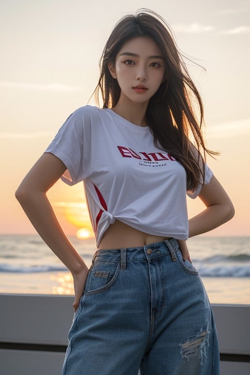 オーバーサイズtシャツ, 日没, 韓国人AIポルノ