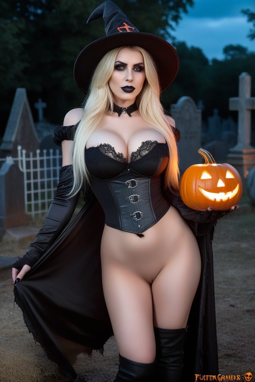 Undead Female Zombie Huge Breasts Puffy Areolas Hard Nipples Hourglass Figure Naked Midnight Haunted Graveyard Holding Flaming Jack O Lantern Legs Spread Horney Witchs Hat Torn Open Ripped Gothic Black Dress Exposed Breasts And VaginaPorno IA