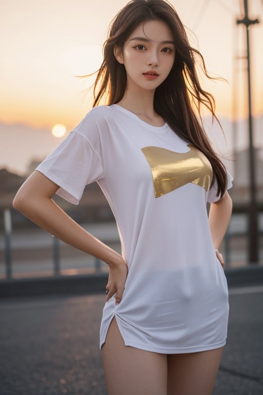 Sunset, Oversized T-shirt, Small Breast AI Porn