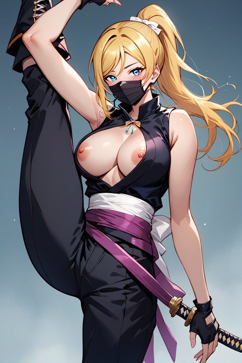 Black And Dark Purple Ninja Outfit That Hugs Her Form, And She Has A Face Mask Covering Her Mouth And Nose, Big Shiny Eyes AI Porn