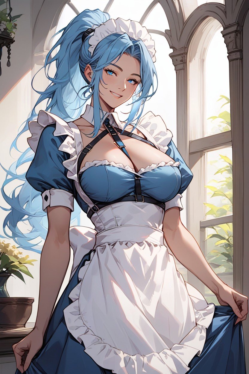 Woman Long Light Blue Hair, Chest Harness, Blue UnderbustAI 포르노