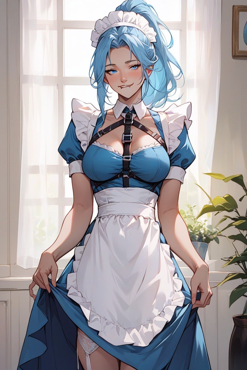 Woman Long Light Blue Hair, Smiling, White ApronファーリーAIポルノ