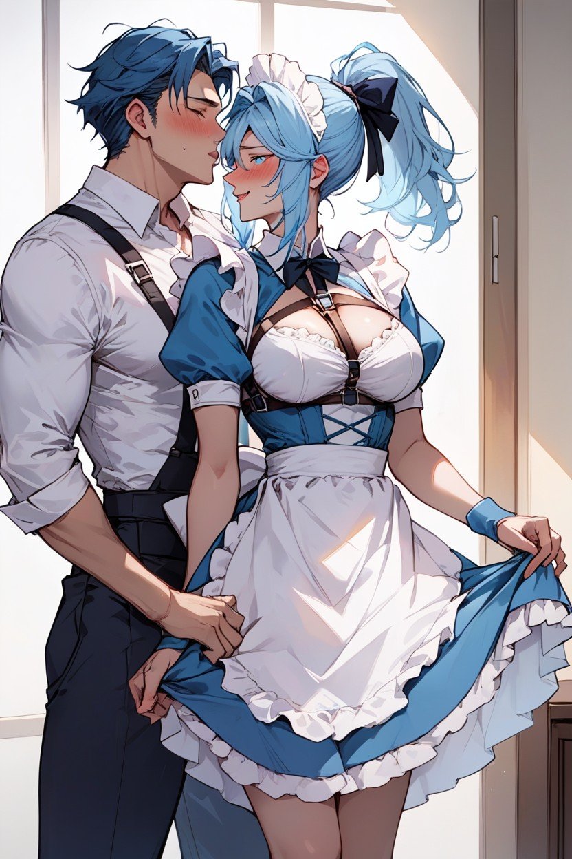 Kissing Her Legs, Blue And White Maid Outfit, Long Blue SkirtファーリーAIポルノ