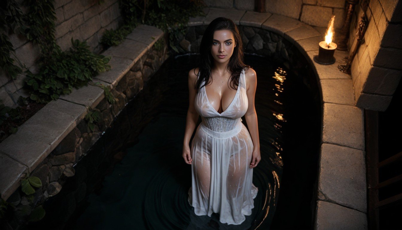 Top Down, A Stone Wall And A Stone Bathtub From Where She Is Risingshe Is Rising From Water, Polynesian Shemale AI Porn