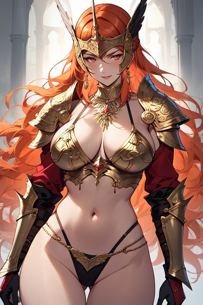 Curved Red Pauldrons With Gold Accents, With Red Gauntlets Covering Her Forearms, Confident Warrior Hentai AI Porn