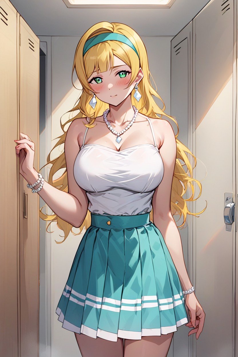 Her Large Green Eyes Shine With Confidence And A Playful Charm, Straight Hair, Her Bottom Is A Light Teal Wrap Skirt Tied Elegantly At The Waist With A Loose Knot On One SideAI黄漫