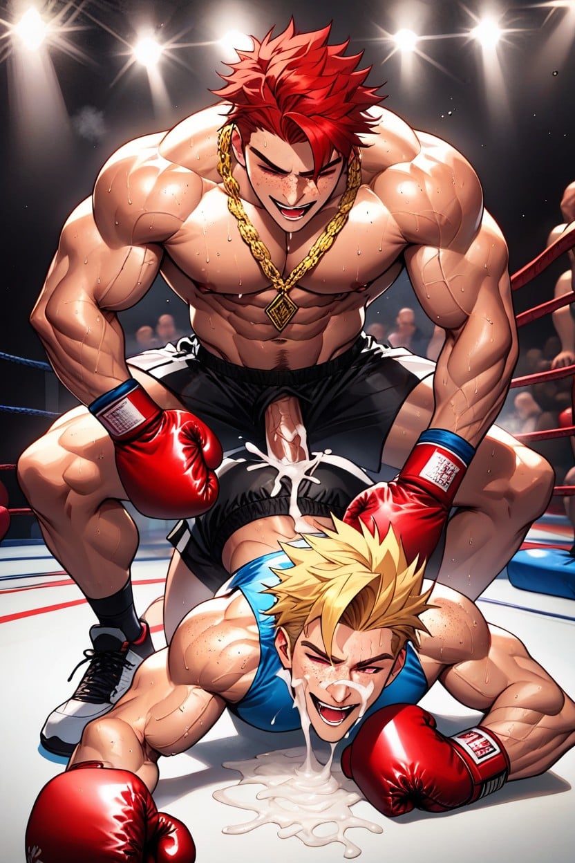 Big Penis, Black And Red Boxing Shorts Around Ankles, Eyebrows AI Gay Porn