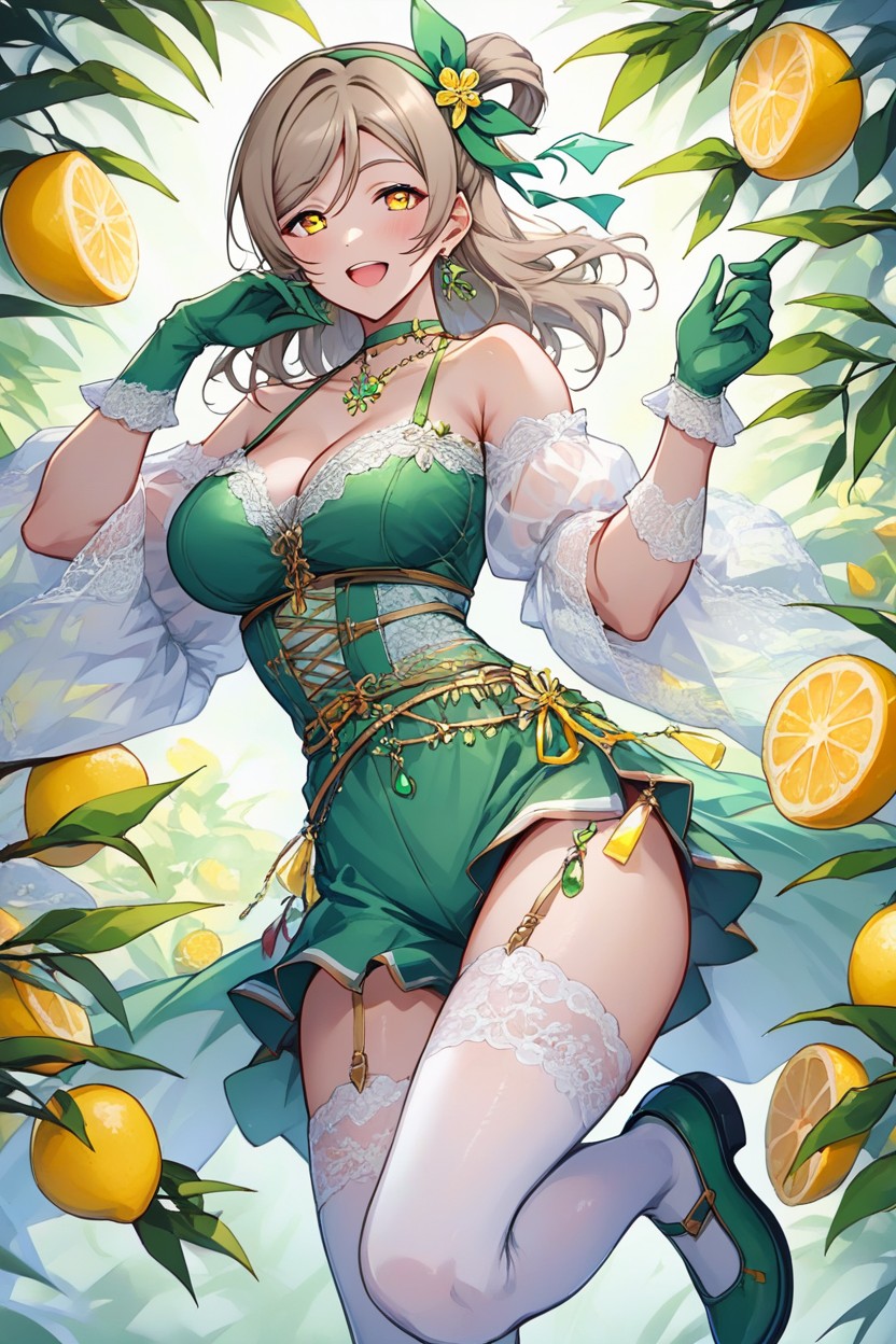 Adding A Fresh, She Completes The Look With White Thigh High Stockings With Lace Tops And Green Shoes With Lemon Accents, Her Outfit Is A Vibrant Lemon And Green Themed Idol CostumeAI黃片