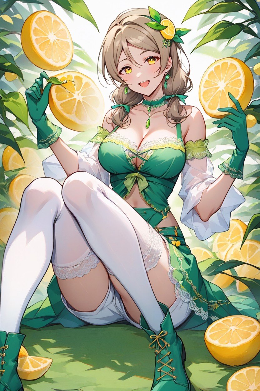 Her Outfit Is A Vibrant Lemon And Green Themed Idol Costume, Citrus Theme, Anime StyleAI黄漫