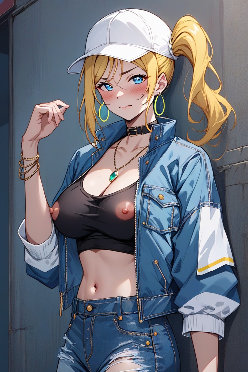 Her Accessories Include Thick Gold Hoop Earrings, A Black Choker With A Pendant, Matching Her Bold Style Hentai AI Porn