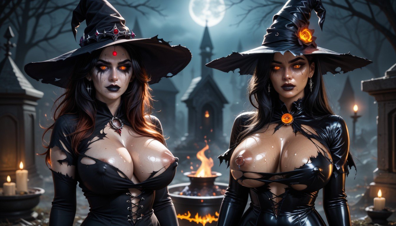 Sweaty, Stunningly Beautiful Female Black Hair Long Hair Bangs Messy Hair Orange Eyes Dark Makeup Huge Breasts Puffy Areolas Hard Nipples Pale Skin Oiled Skin Sweaty Skin Hourglass Figure Naked Witchs Hat Gothic Dress Dress Torn Open Midnight Haunted Graveyard Standing Over Cauldron Casting A Spell Summoning Undead Woman, 2 People AI Porn