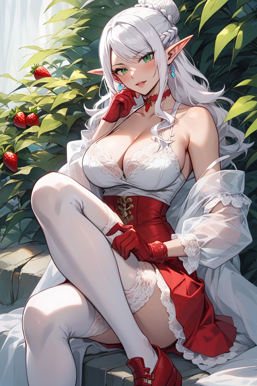Her Outfit Is A Vibrant Strawberry And Red Themed Idol Costume, Anime Style Fairy Tail Hiro Mashima, Energetic Expression Hentai AI Porn