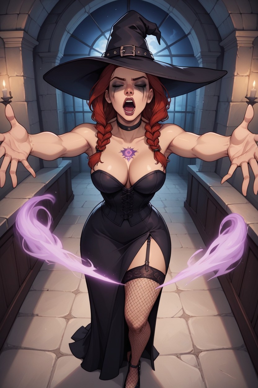 Arcane Magic Spell, Black Fishnet Stockings, Left Arm Tattoo AI Porn