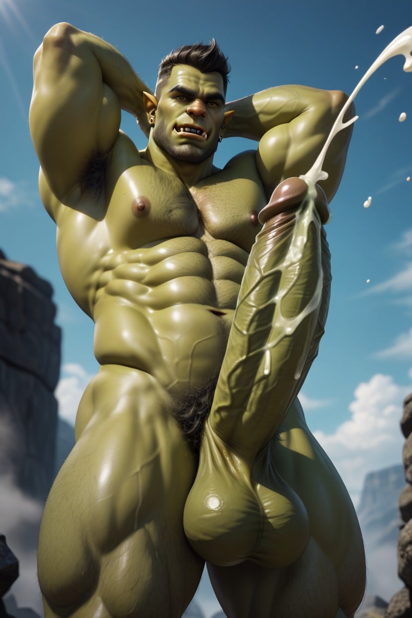 Erect Penis, Green Colored Semen Dripping Down Slowly, Thick AI Gay Porn