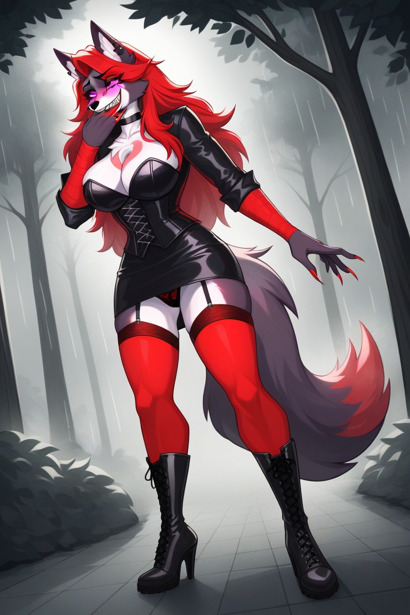 Cleavage, Choker, Wolf Attributes Furry AI Porn