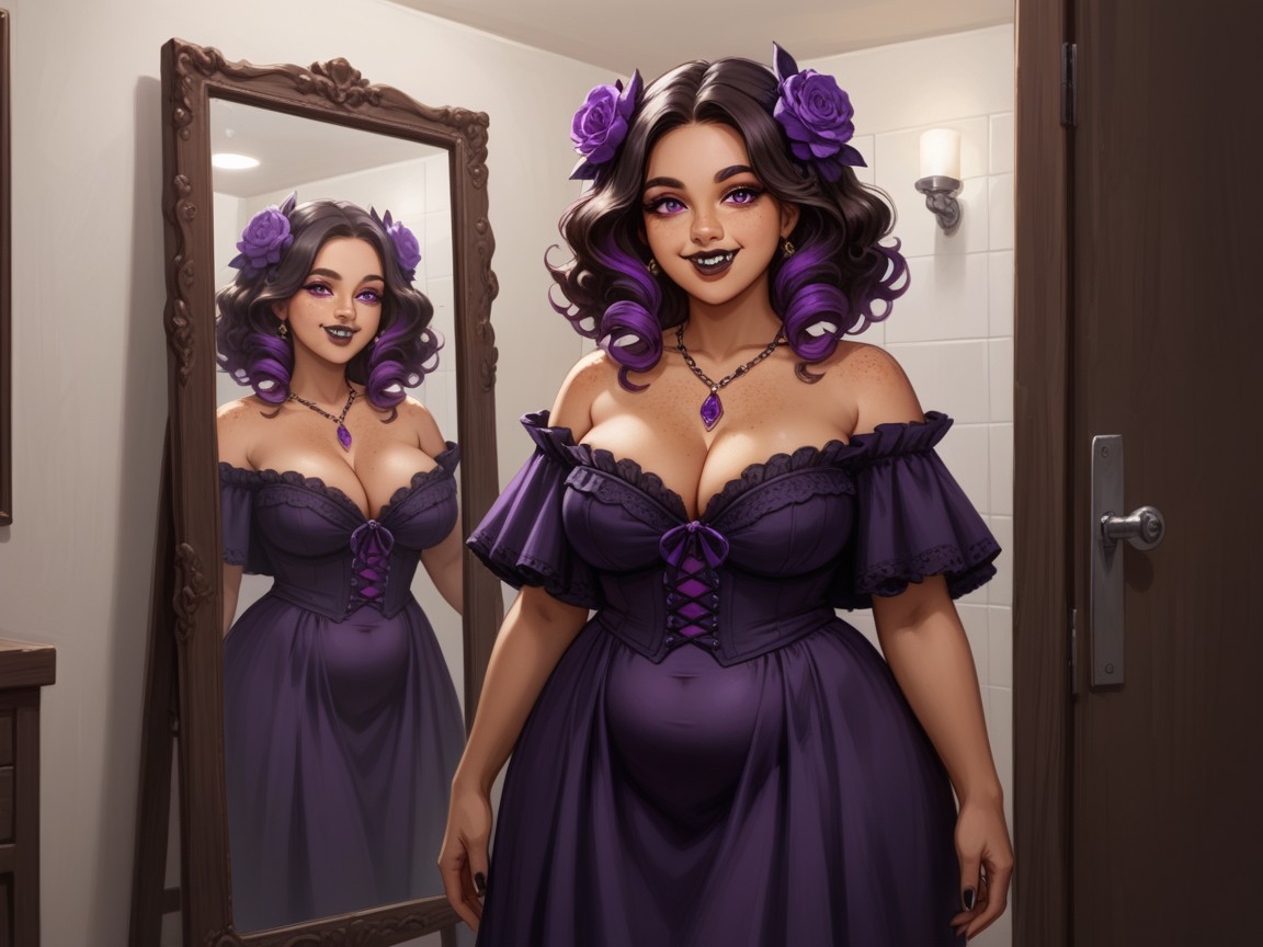 Wide Stomach, Eyebrow Piercing, Wearing A Purple Vampire Halloween Costume Hentai AI Porn