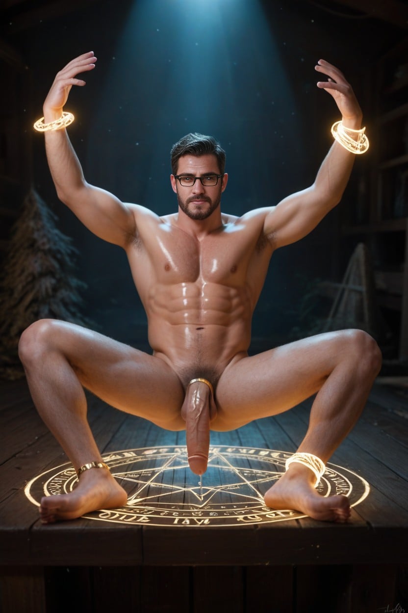 Cabin In The Woods, Oiled Skin, Yellow Glowing Bracelets And Anklets AI Gay Porn