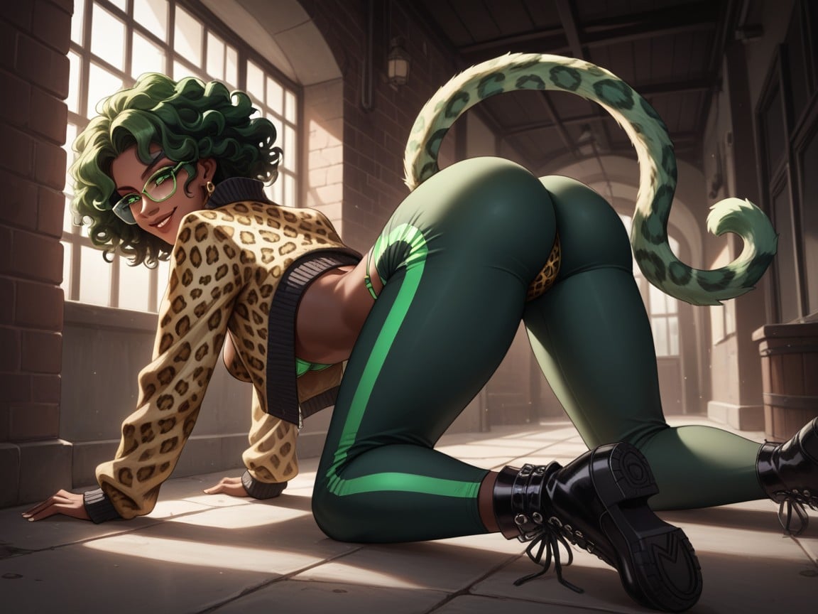 Green Hair, Green Leopard Print Boots, Dark Alleyway Background Hentai AI Porn