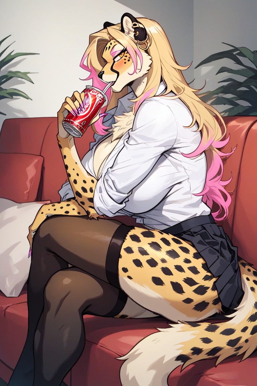 Lace Bra, Big Yellow Eyes, Thigh High Ringed Socks Furry AI Porn