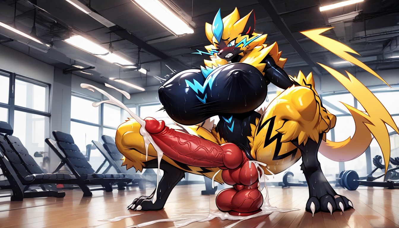 Cock Up To Tits, Full Body, Gym Furry AI Porn