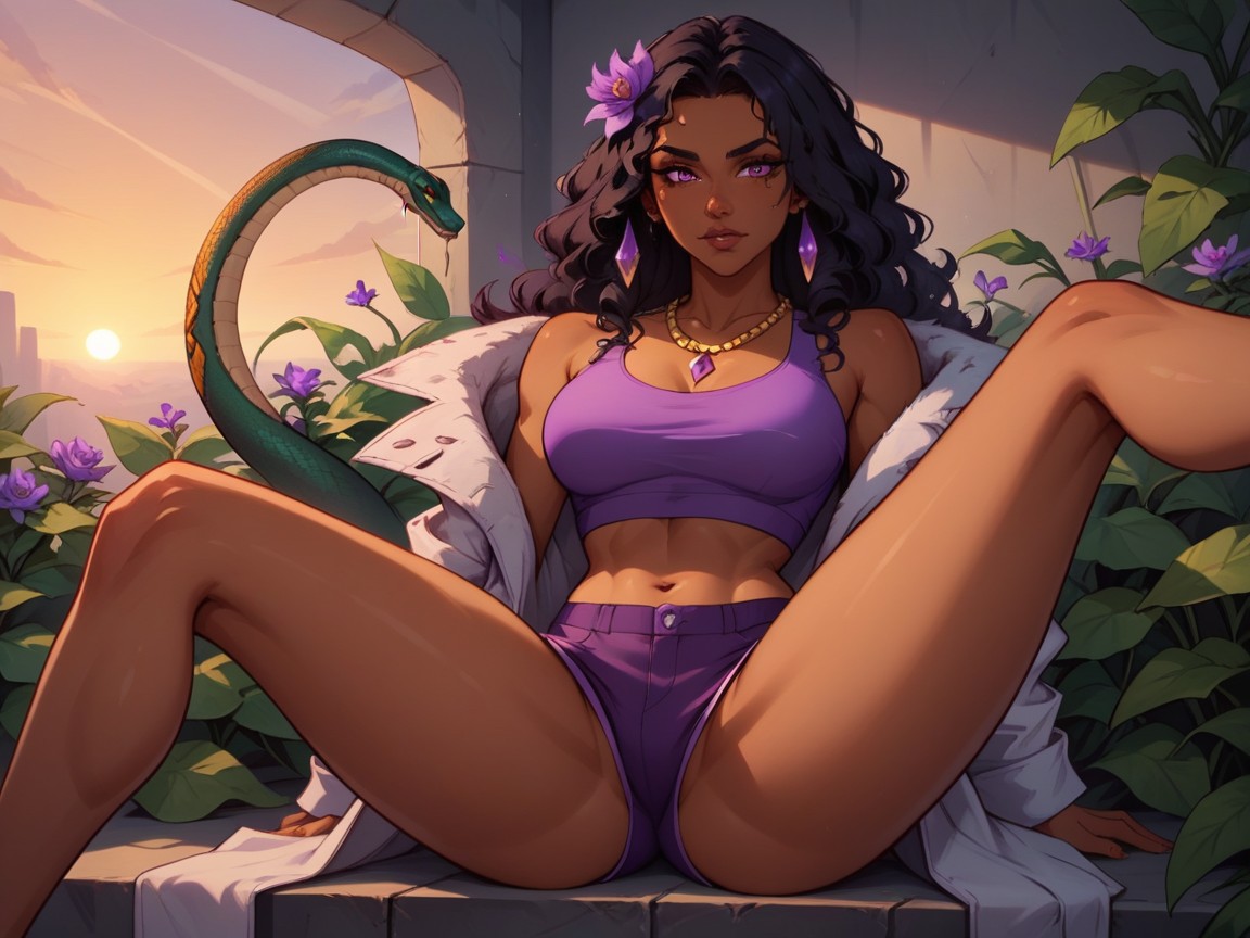 Purple Flower In Hair, Nsfw, Waist And Shoulders Square AI Porn