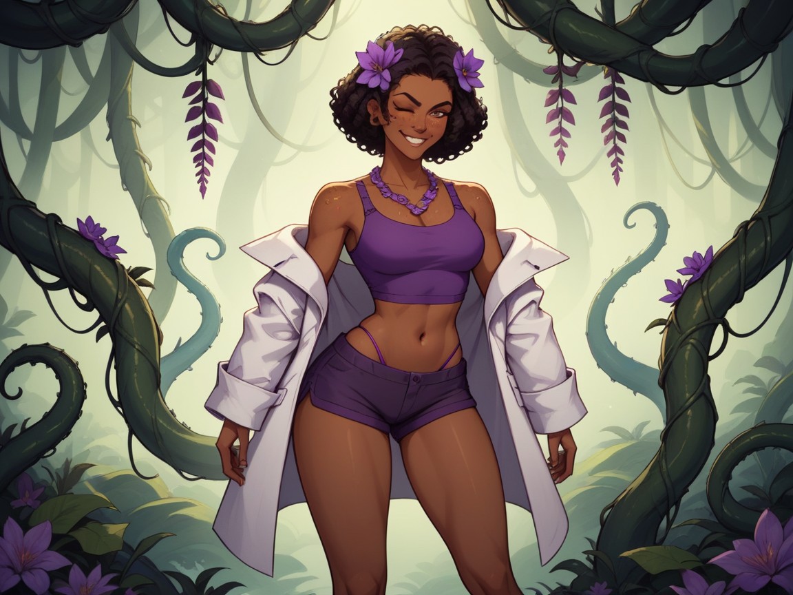 Soft Shadow, Dark Ebony Skin, Vines And Flora In Background AI Porn