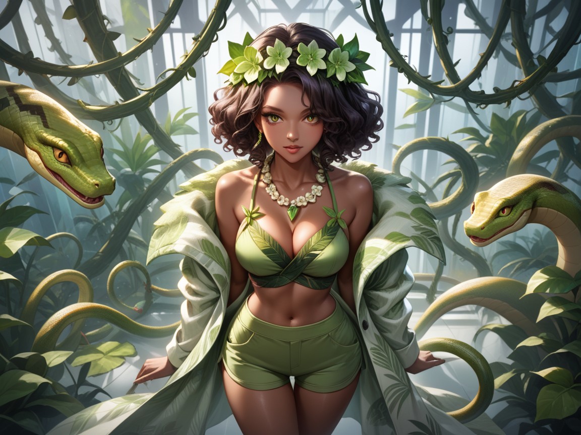 Laboratory Background, Snake Jewelry, Green Flower In Hair Hentai AI Porn