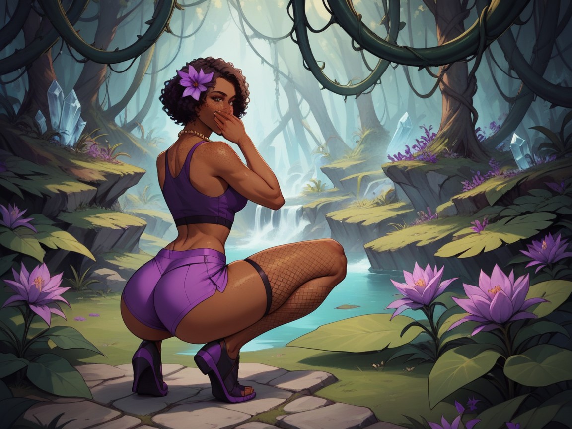 Form Fitting Purple Tank Top, Tight Purple Thong, Covered Asymmetrical Breasts AI Porn