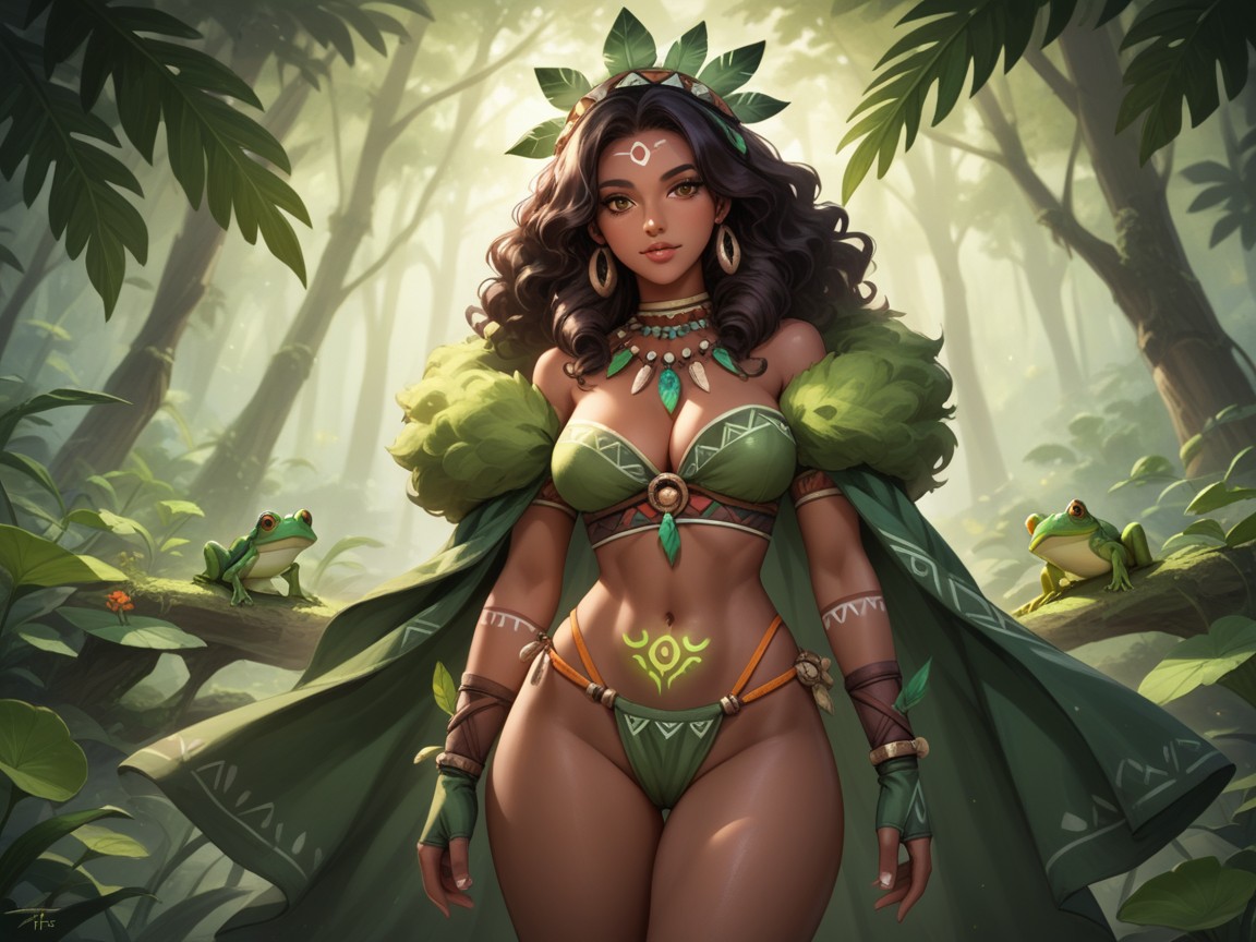 Frog Headdress, Curly Hair, Green Leaf High Boots Hentai AI Porn