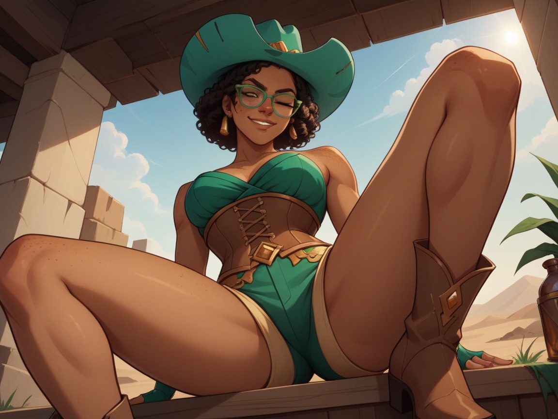 Squared Chest, Gold Fingerless Gloves, Brown Cowboy Boots AI Porn