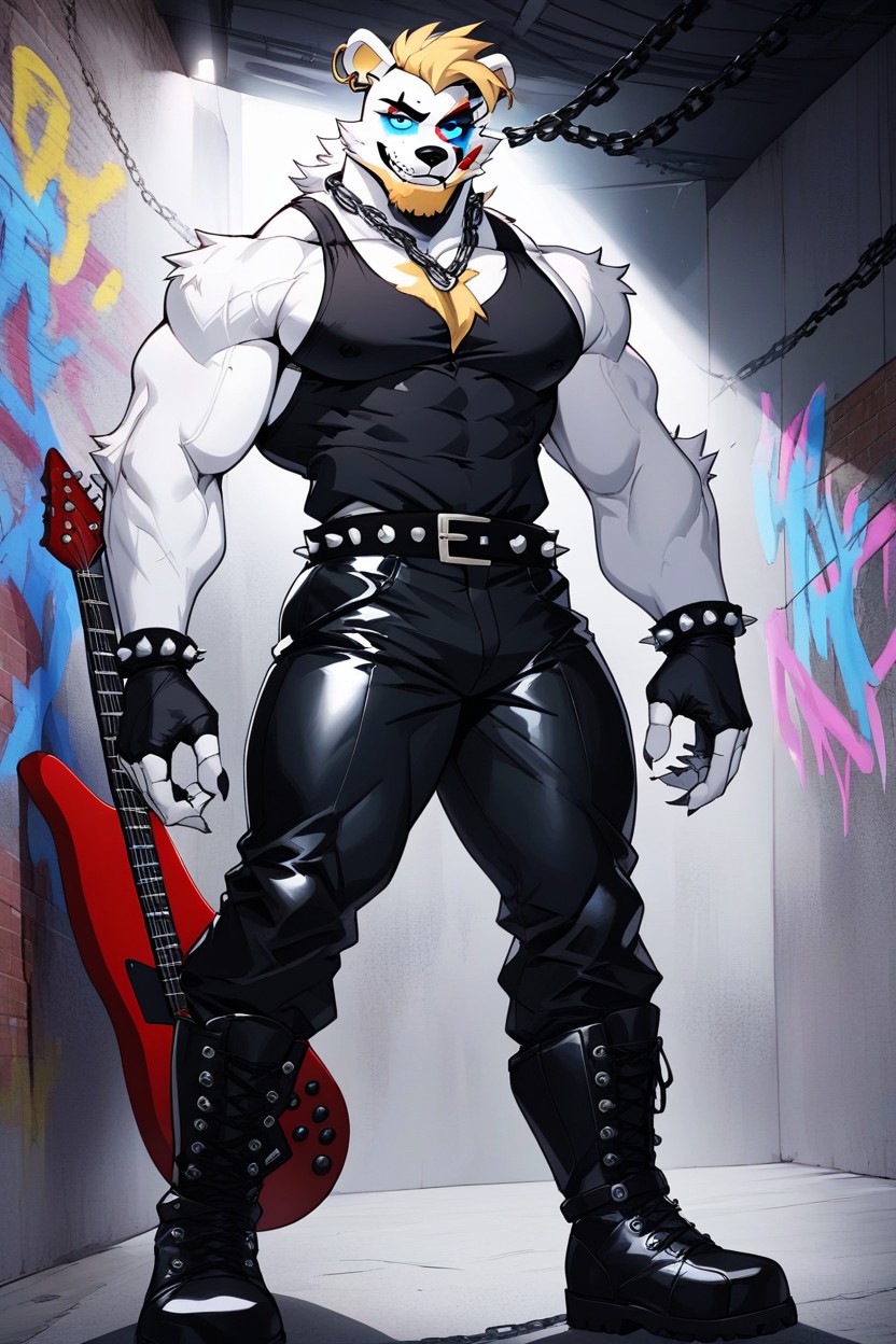 And Electronic Arms And Legs, Braided Blonde Beard Top Knot, Spiked Black Leather Belt Furry AI Porn