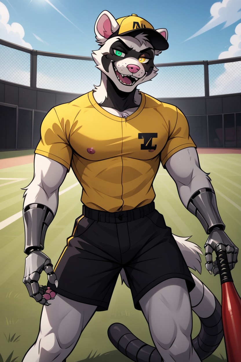 Body, Waiting Hello With A Robotic Hand, And Backwards Yellow Baseball Cap Furry AI Porn