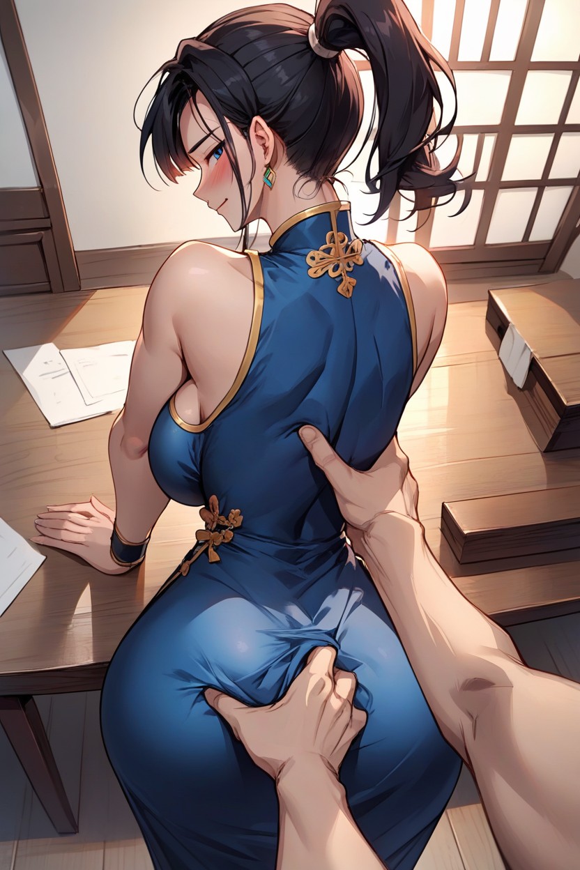 Clenched_hand, Happy, Standing In Front Mans Lap Hentai AI Porn