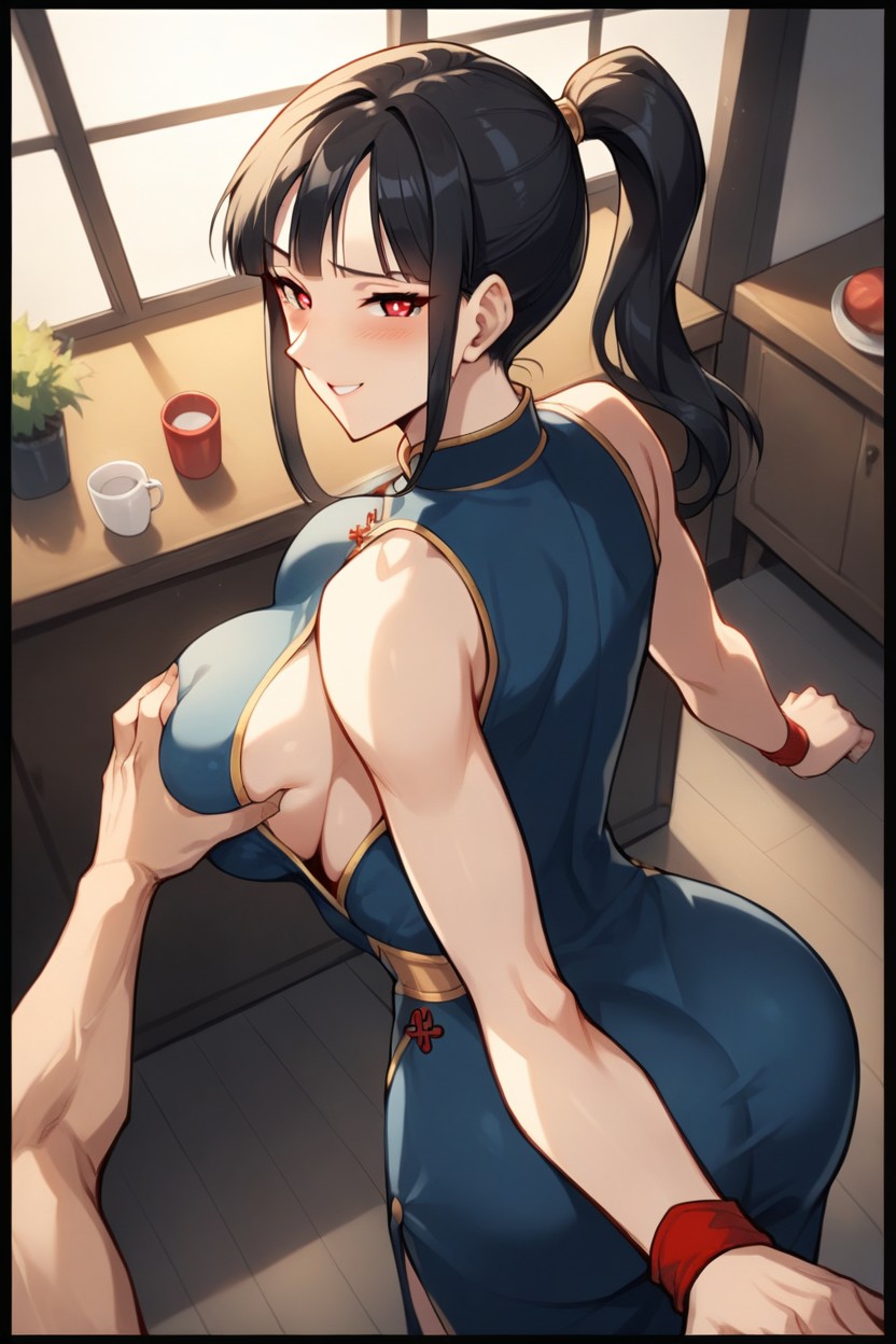 Breast Grab, Blue_dress, Ponytail Hentai AI Porn