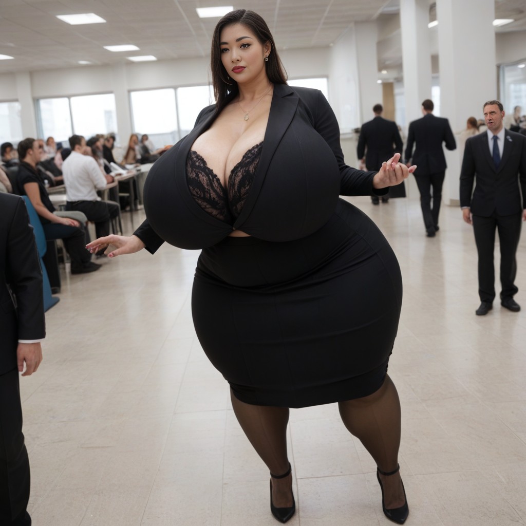 Huge Bulge On Skirt, Disproportionately Huge Breasts, Black Suit AI Porn
