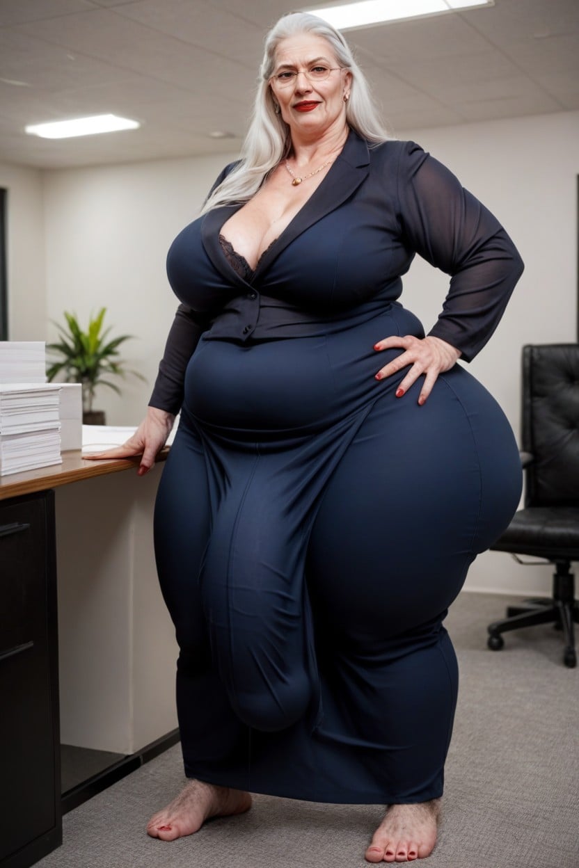 Grinning, Office Background, Extreme Cellulite Hairy Feet Like A Hobbit Shemale AI Porn