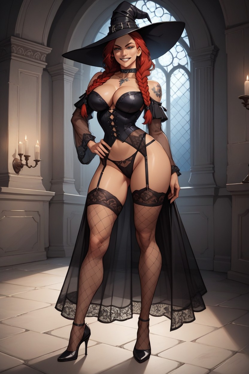 Exposed Thighs, Woman With Red Hair And Braids, Smile AI Porn
