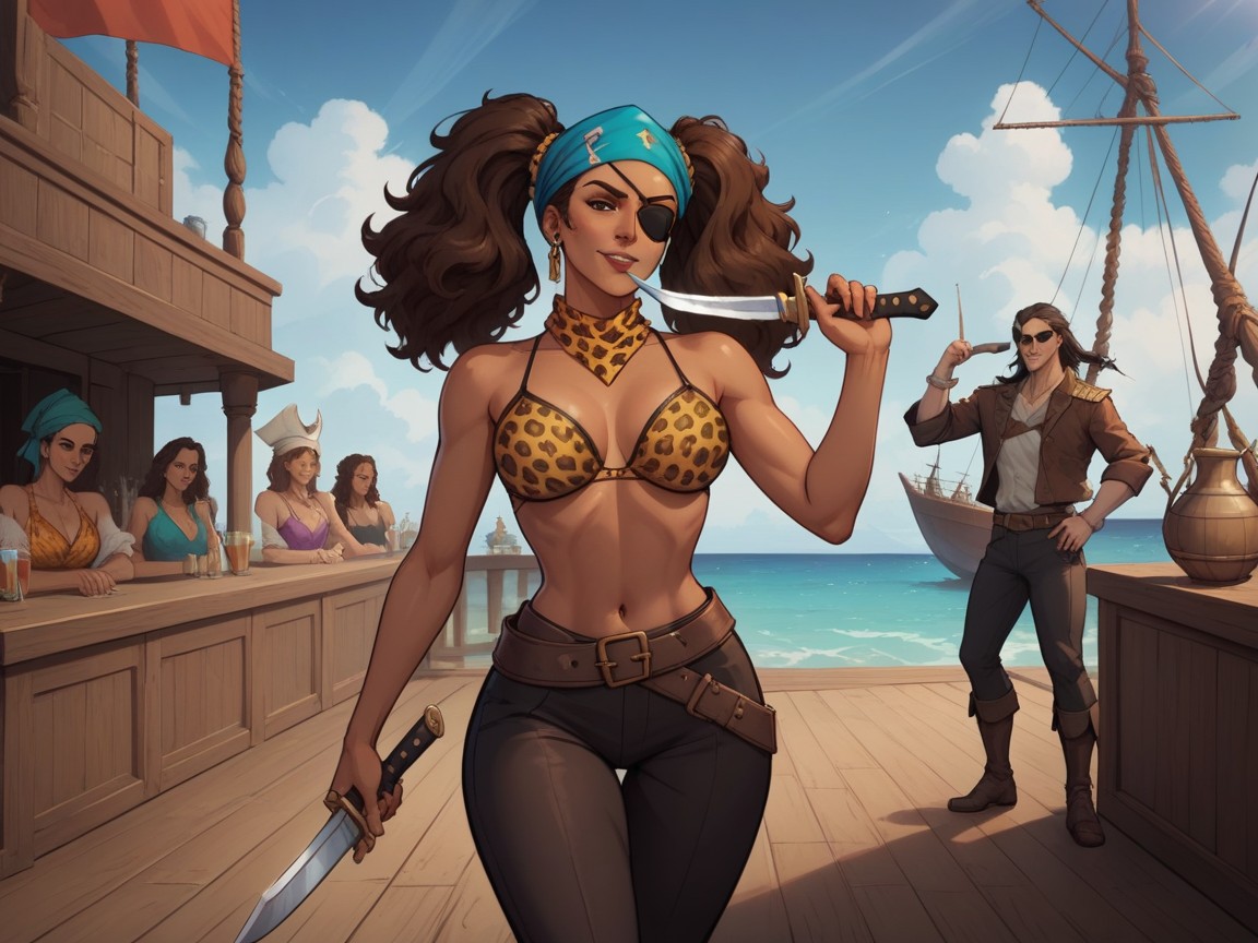 Latina Pirate, Torso Width, Dimly Lit AI Porn