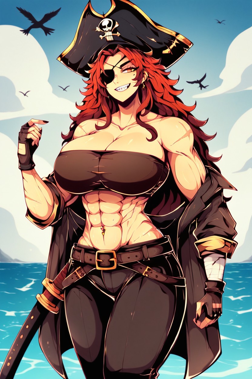 Oiled Skin, Black Eye Patch, Muscular Hentai AI Porn