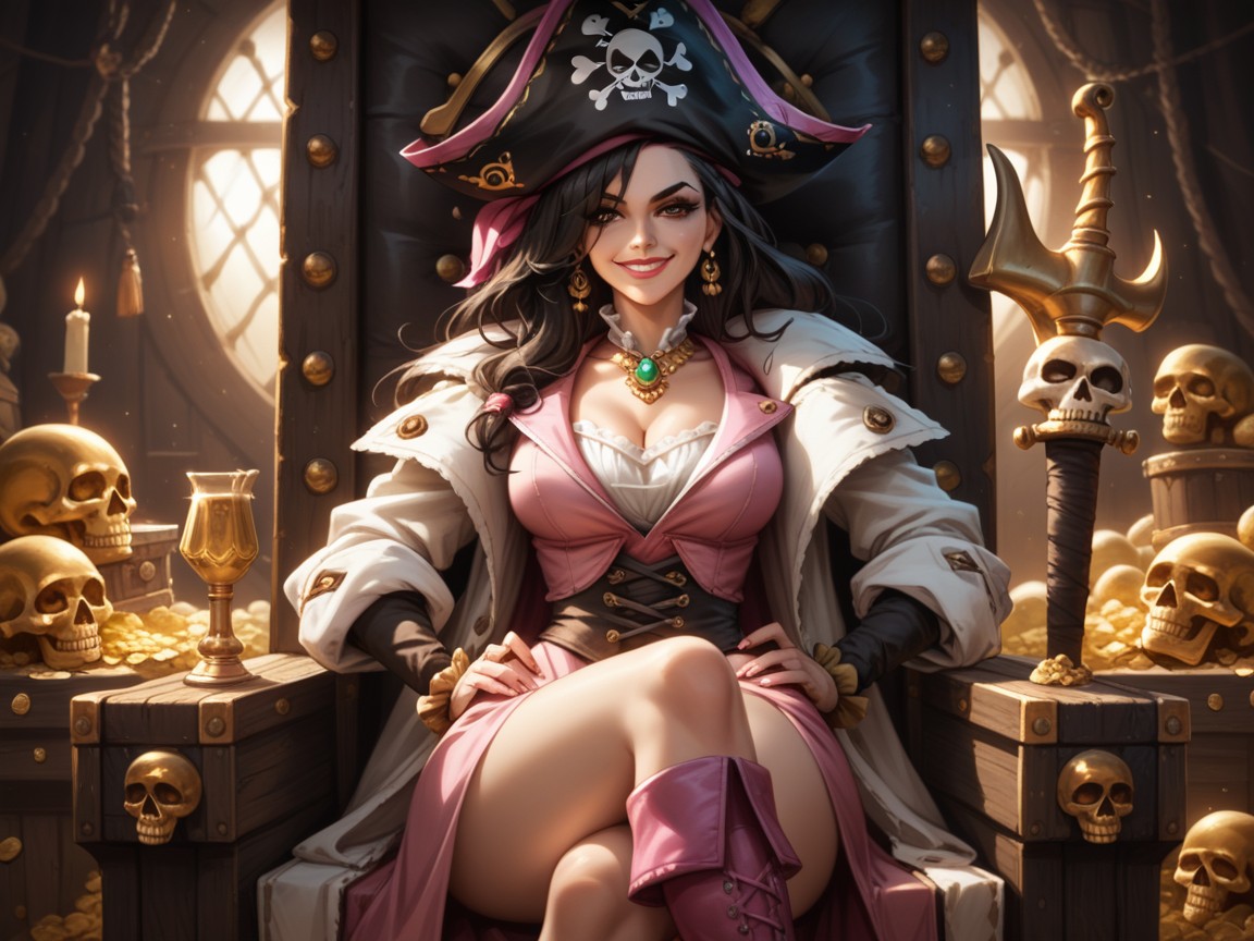 White Fur Pirate Coat, Bust, Skulls In Background Hentai AI Porn