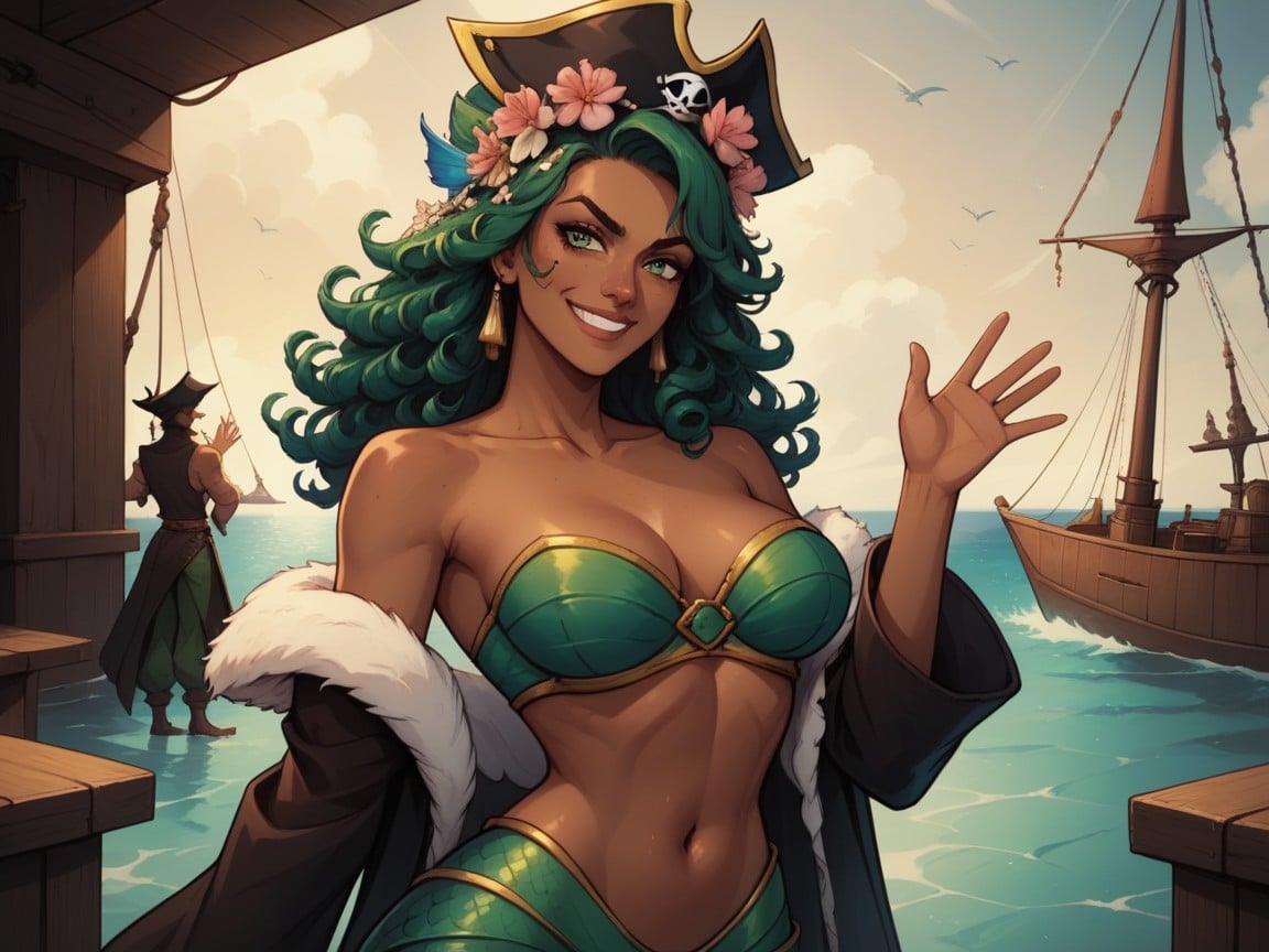Green Mermaid Pants, Squared Midriff, Waist And Shoulders Square AI Porn
