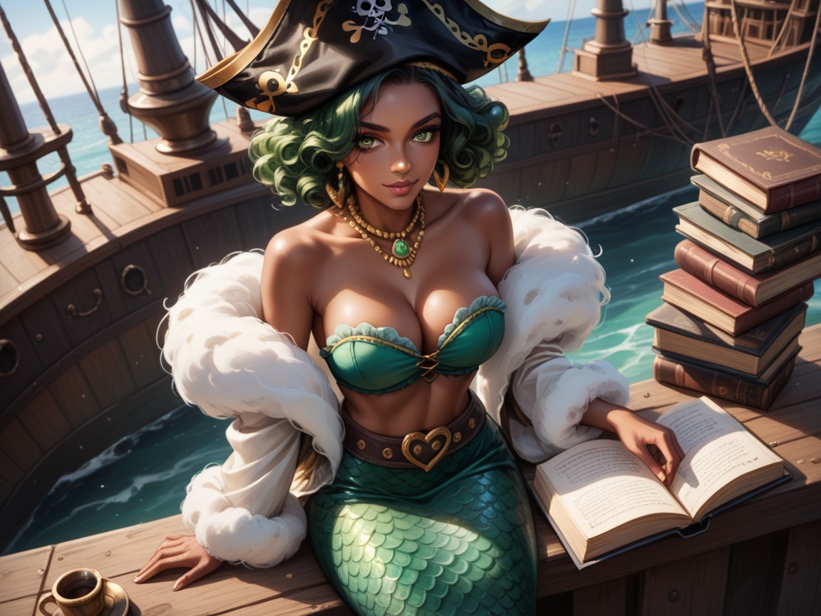 Pirate Ship Background, Green Clamshell Bikini, Squared Waist Hentai AI Porn