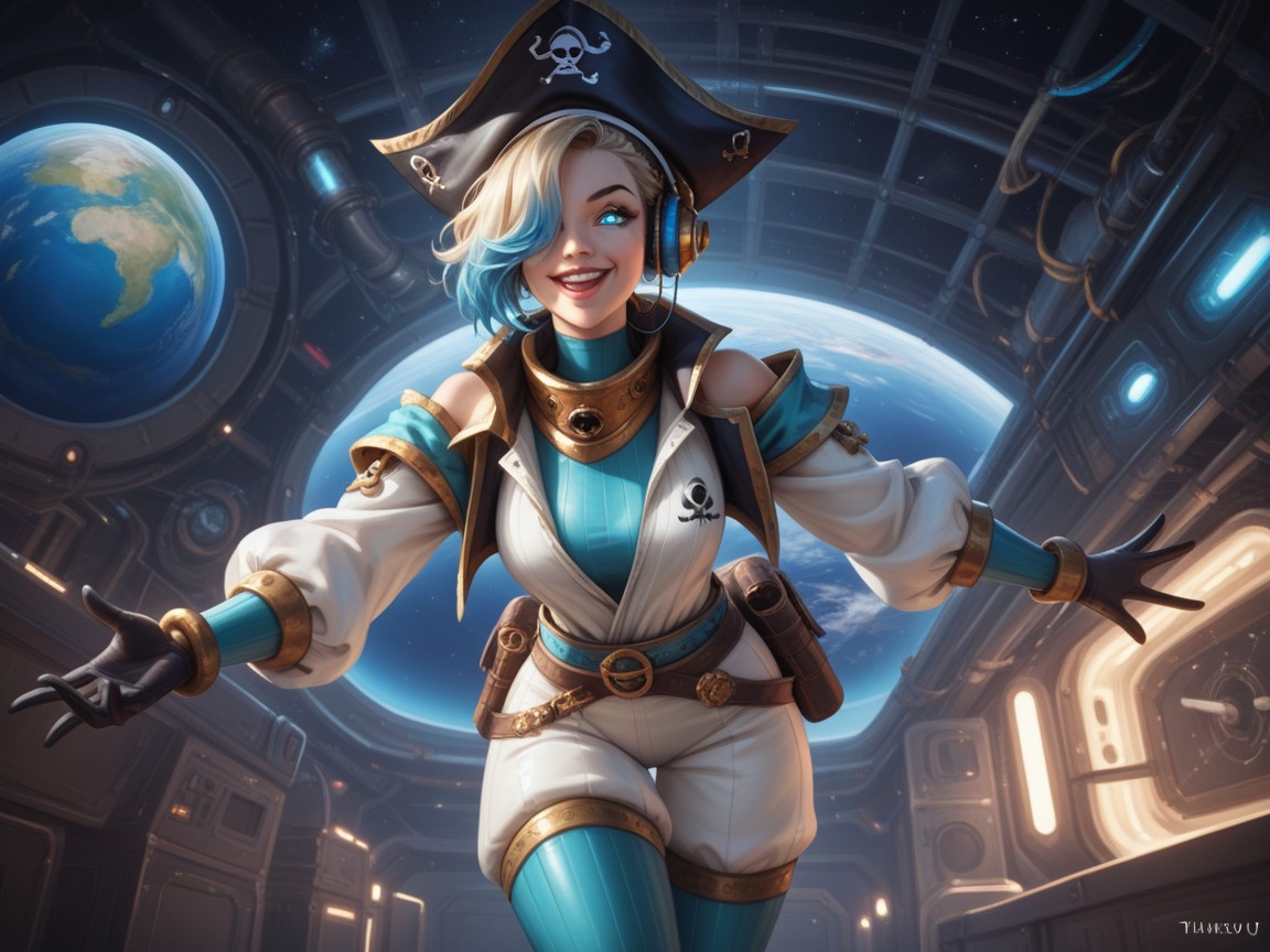 Frame, Rounded Shoulders, Wearing Blue Pirate Clothes Hentai AI Porn
