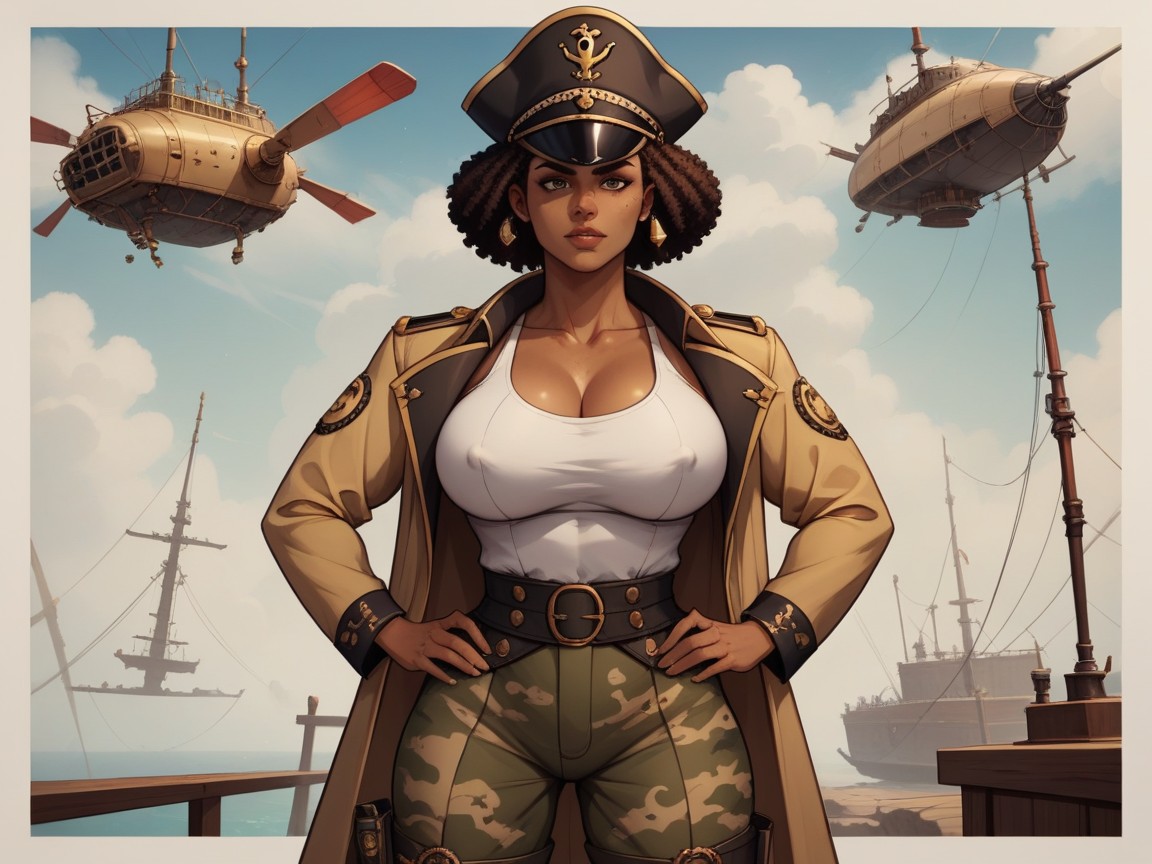 Afro, White Navy Hat, Camo Trench Coat AI Porn